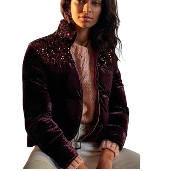 Anthropology Maeve Vera velvet burgundy sequins puffer jacket size medium - Picture 4 of 14